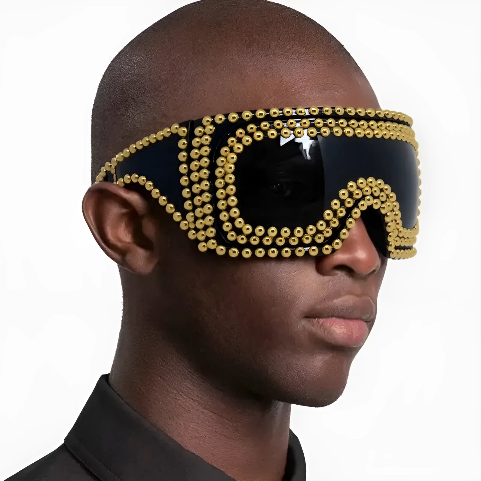Men's punk-style sunglasses with large square silver frames and prominent rivet details.