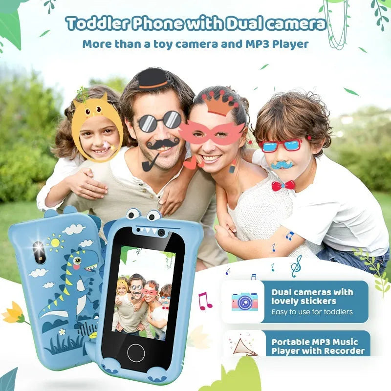 Blue educational touchscreen toy phone for children with camera, video, and game functions