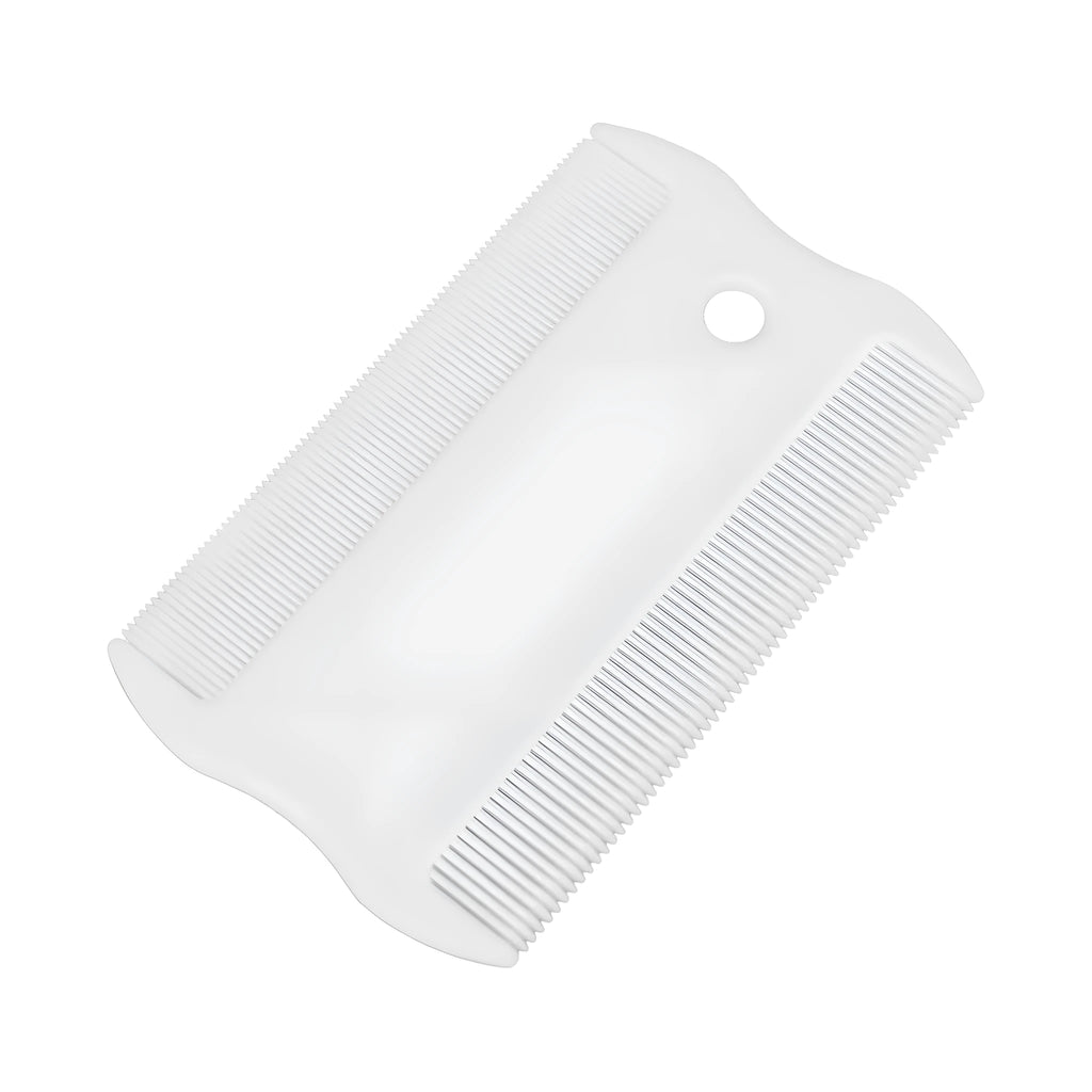 Double-sided plastic flea comb for pets showing dense teeth on one side and standard teeth on the other.