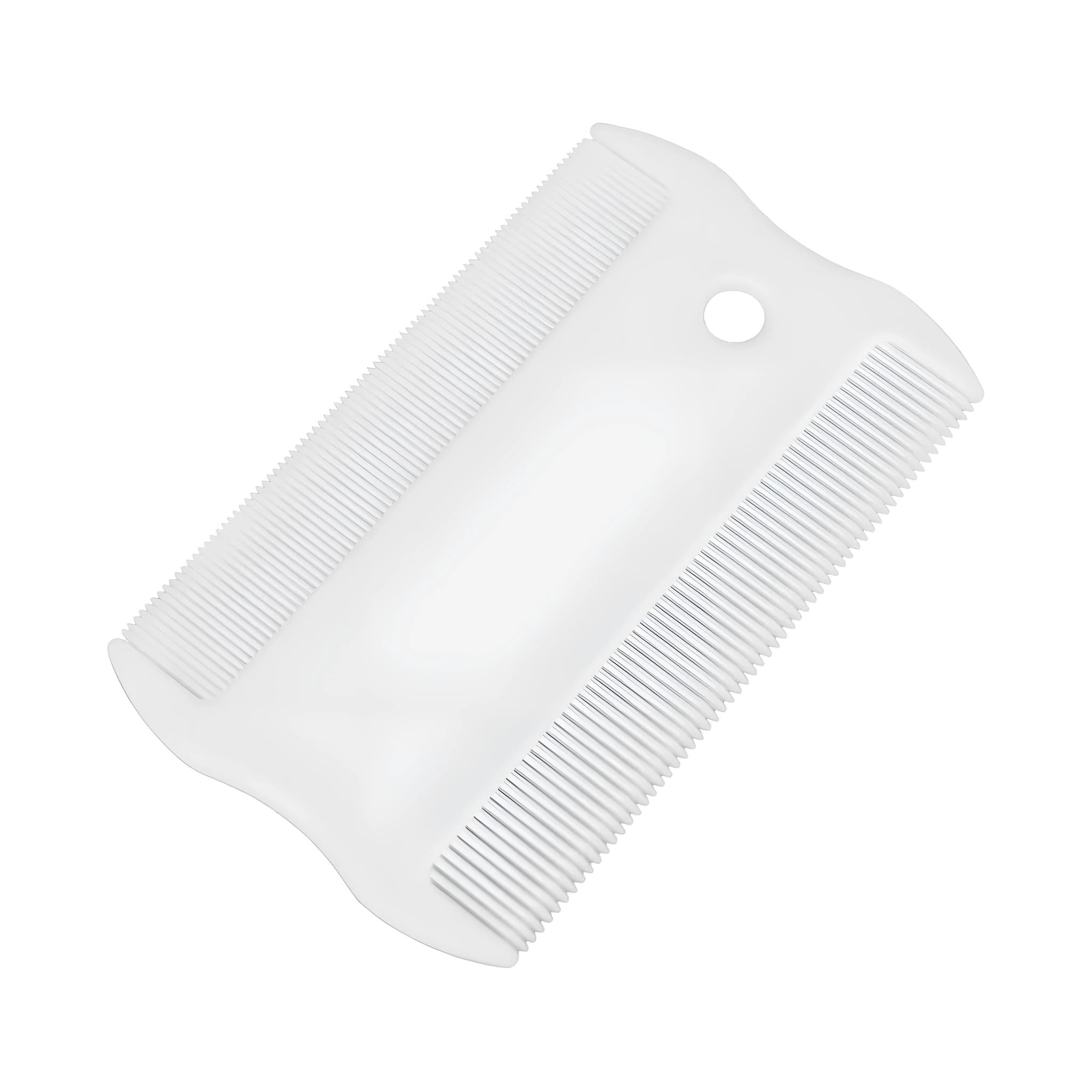 Double-sided plastic flea comb for pets showing dense teeth on one side and standard teeth on the other.