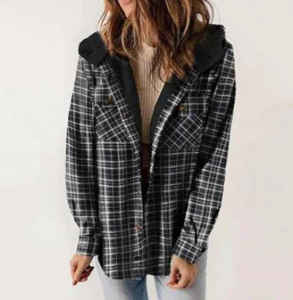 Casual plaid hooded woolen coat with fleece lining in various colours