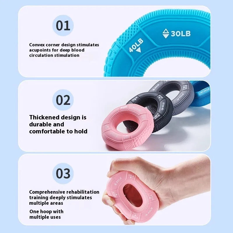 Silicone grip ring hand exerciser in grey with 20-30 pound resistance for finger and grip training