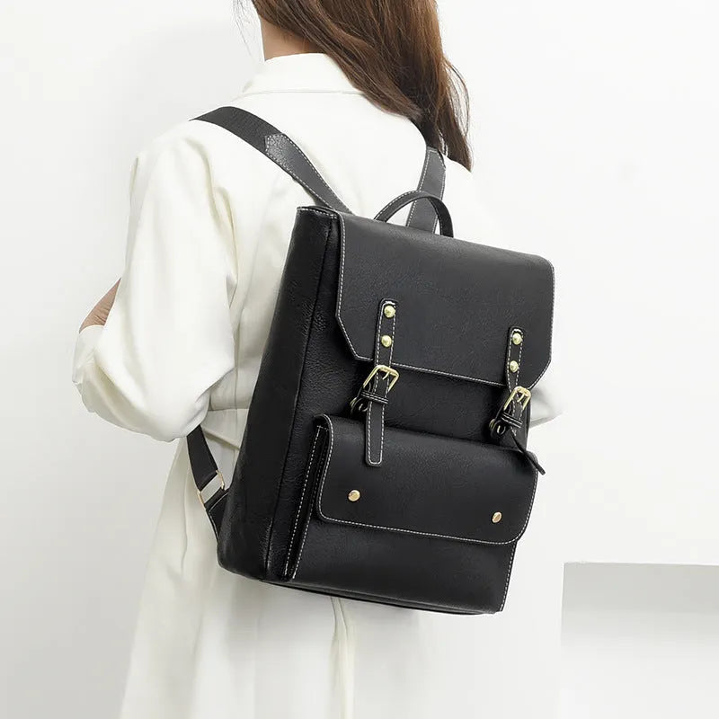 Korean style retro simple backpack in soft PU material, shown in dark brown colour