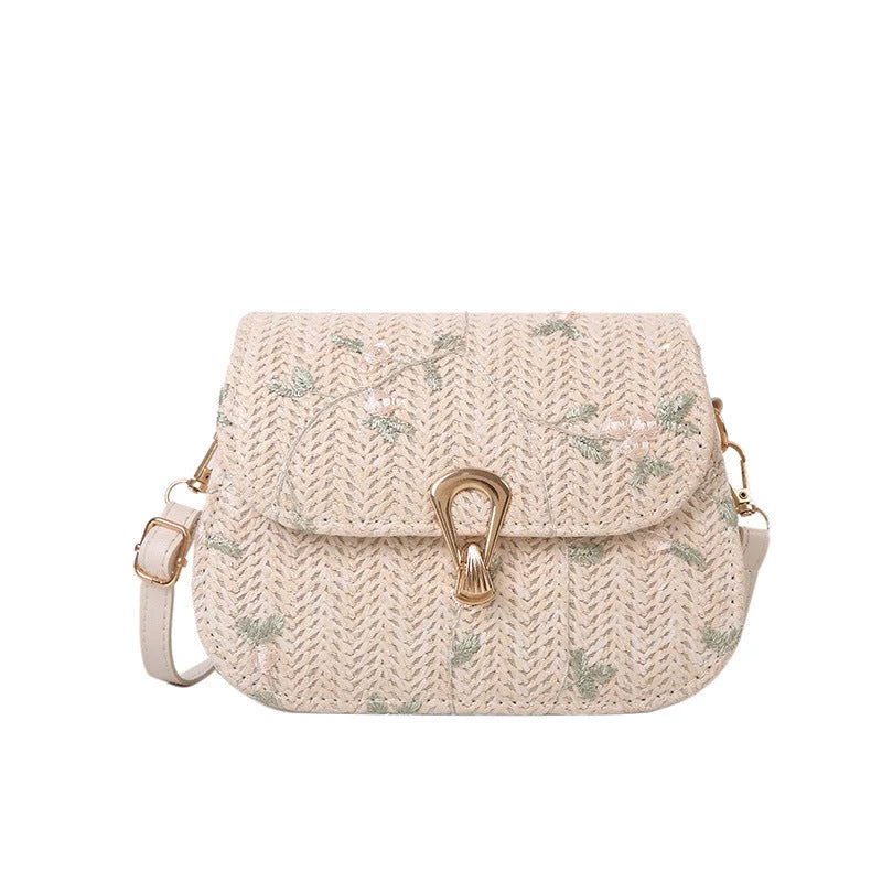 Summer straw woven bag with floral pattern in white and khaki options