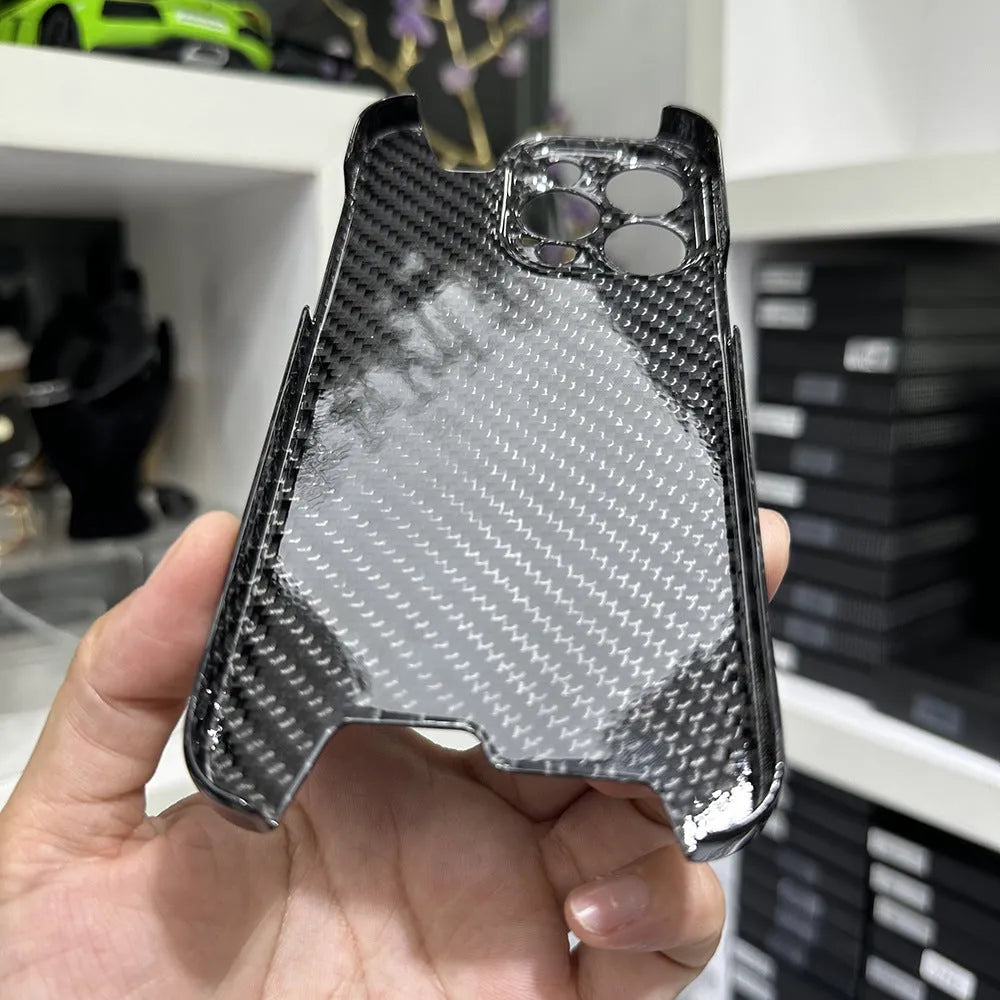 Forged carbon fiber hard phone shell for iPhone 15 Pro Max in bright black finish