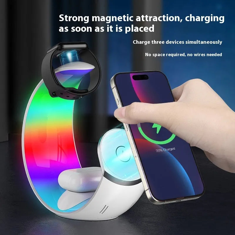 White wireless 4-in-1 ambience light charger with LED night lamp and Type-C port