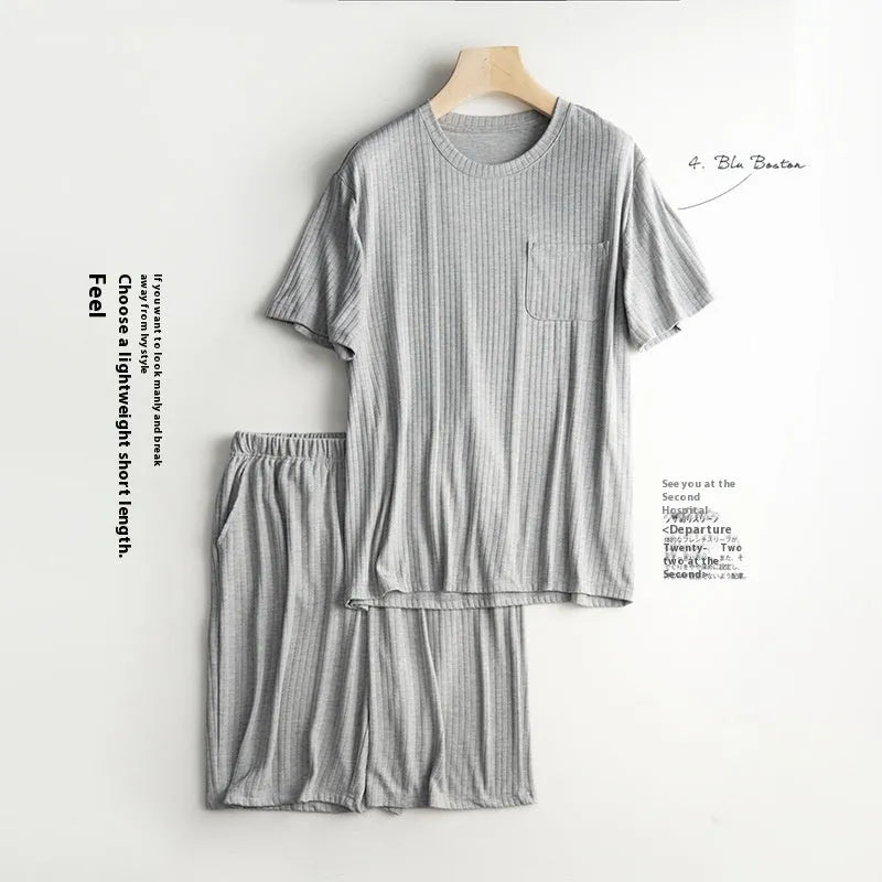 Men's thin summer T-shirt and shorts suit in oatmeal colour with deep gray shorts, polyester fabric, quarter sleeves, size L to XXXL