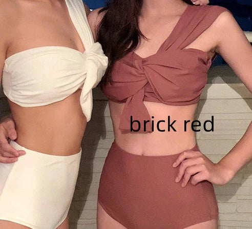 Women's one-shoulder swim bikini in black with high-waist design and split styling