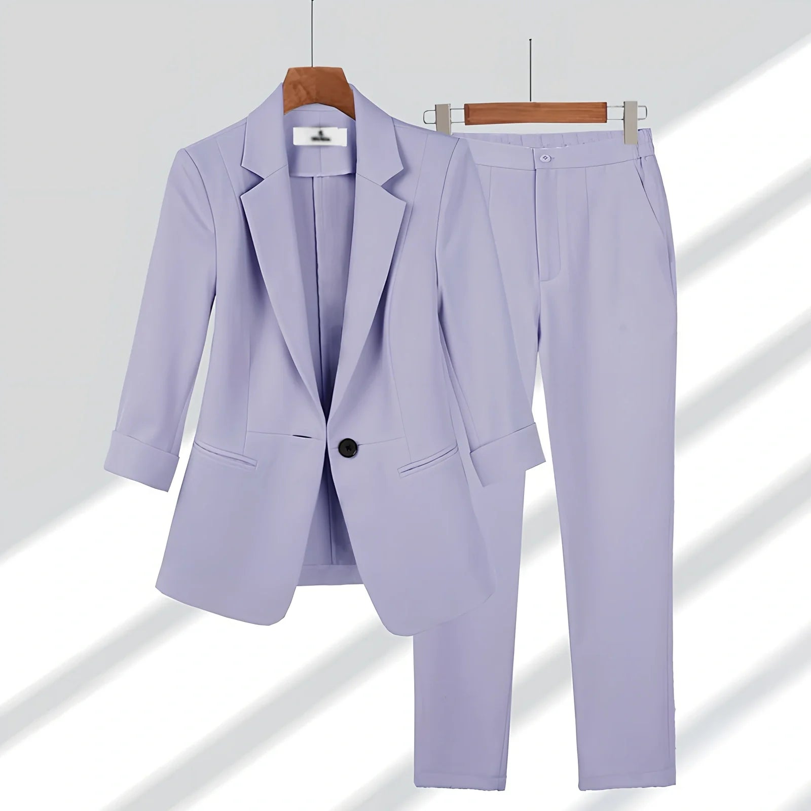 Women's beige blazer set: single-breasted lapel jacket with long sleeves and straight zipper trousers, polyester, sizes S-4XL