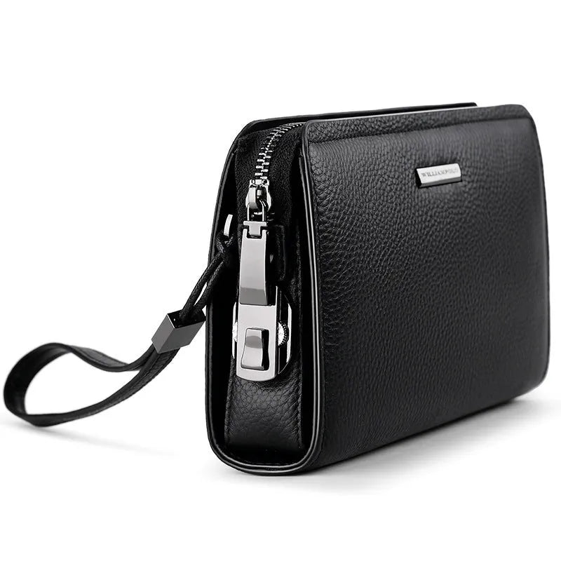 Men's black genuine leather wallet clutch open showing multiple card slots and compartments