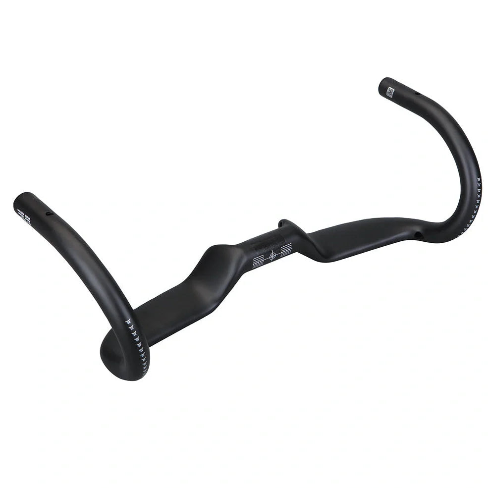 Black carbon fibre bicycle handlebar with bent design showing 125mm vertical rise measurement