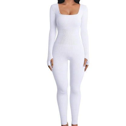 A fashionable women's yoga and fitness jumpsuit with a square neckline, long sleeves, and a tight-fitting silhouette.