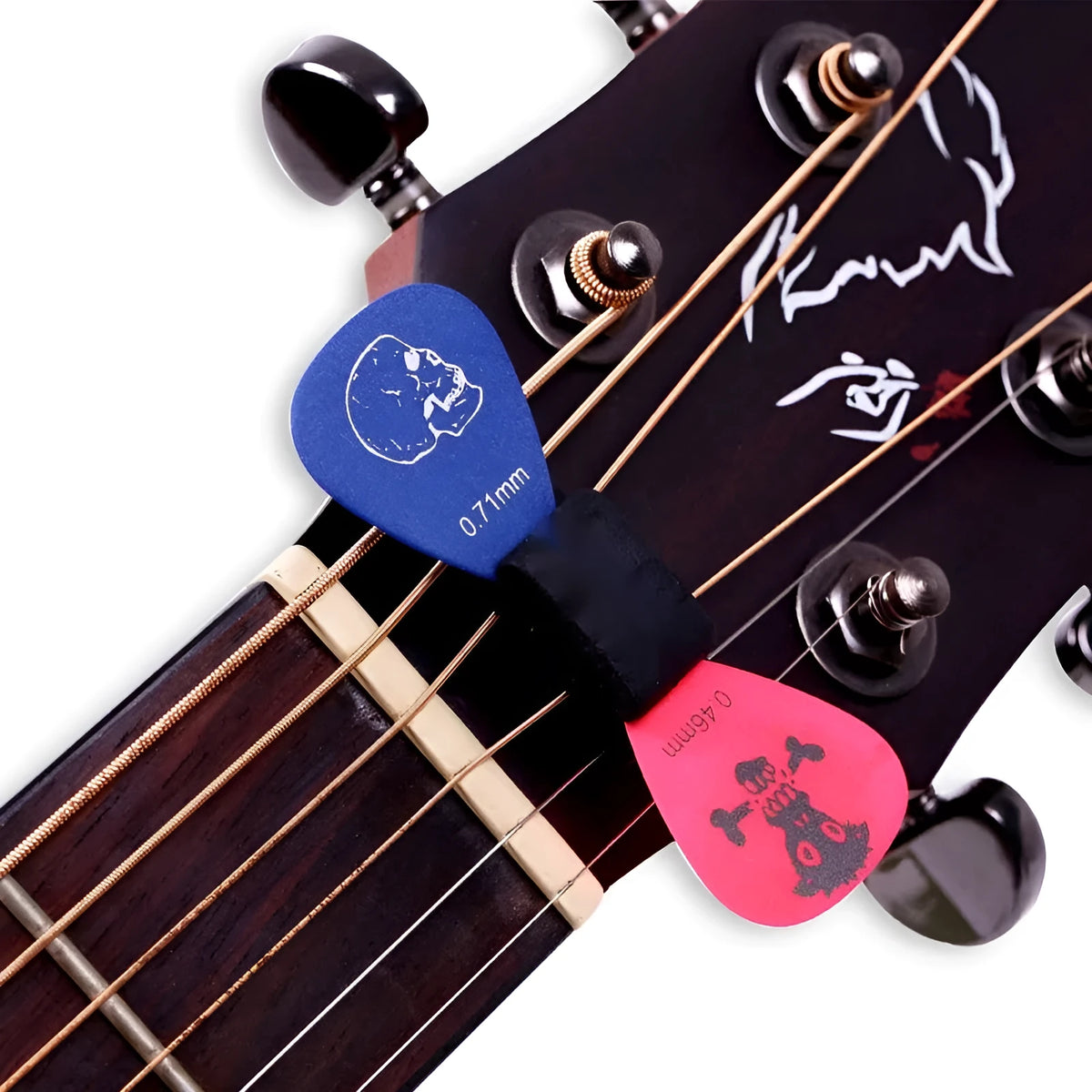 Black rubber guitar plectrum holder 2.5cm by 1cm on headstock for plectrum storage