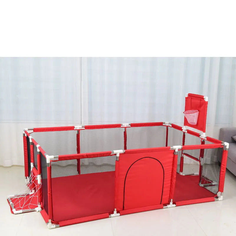 Large grey children's playpen with tent top and stainless steel frame in a living room