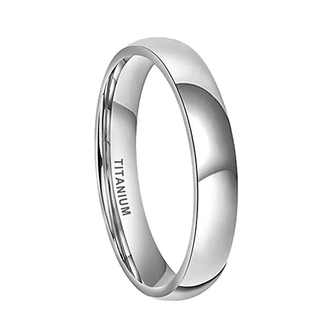 Simple silver titanium steel ring shown in various widths on a size chart.