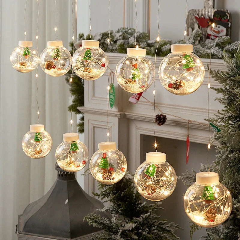 10PCS LED Christmas curtain lamp set with fairy, snowman, and Christmas tree designs