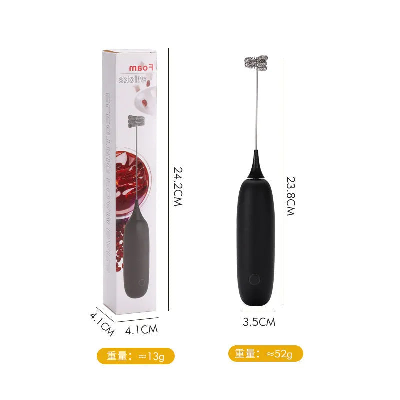 Black and white hand-held electric milk frother with blender function for coffee drinks