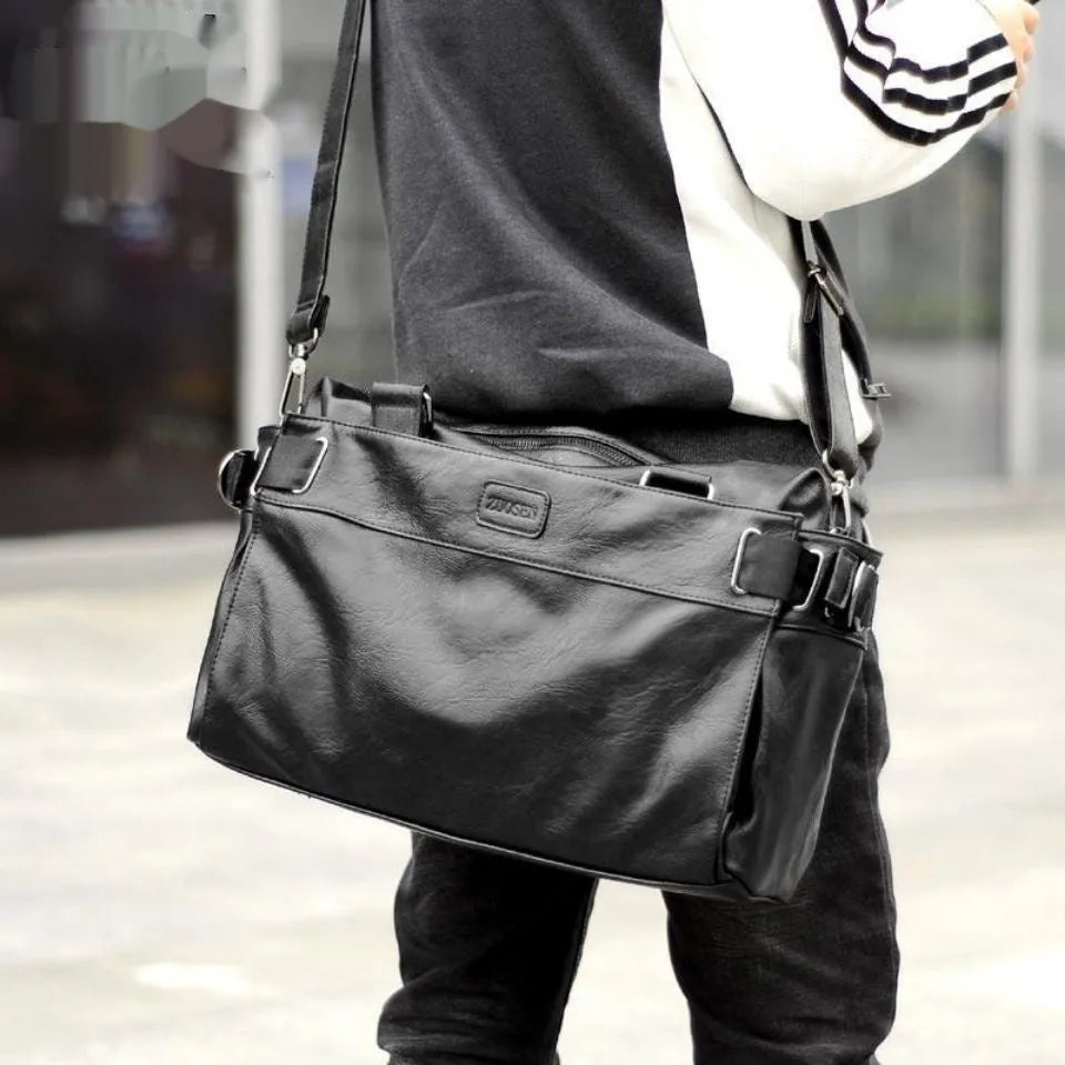 Men's leather messenger bag with cowhide inner, large capacity, black, for travel