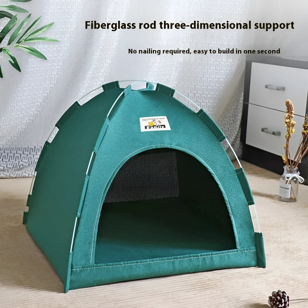 Grey enclosed pet tent with removable washable cover for cats and small dogs.