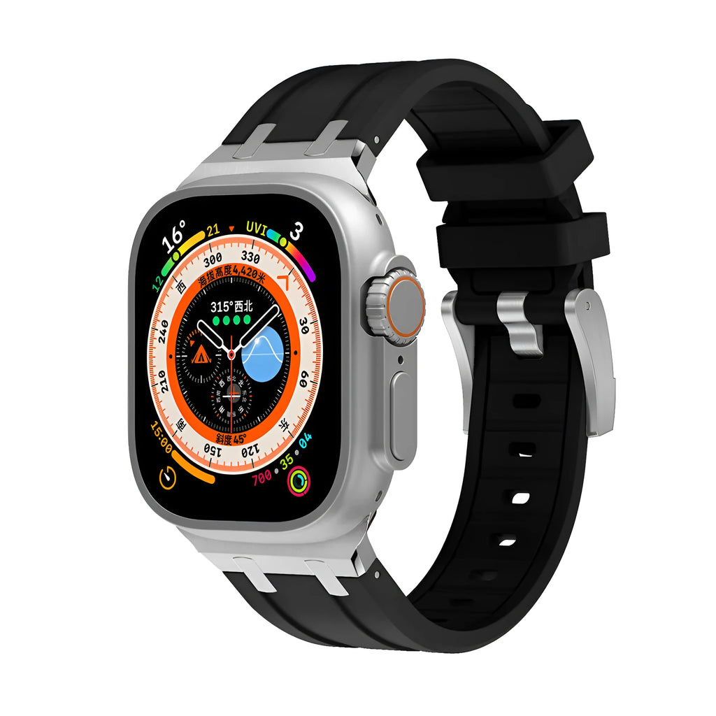Liquid silicone Richard modified wrist strap for Apple Watch, silver blue butterfly clasp variant, on a table