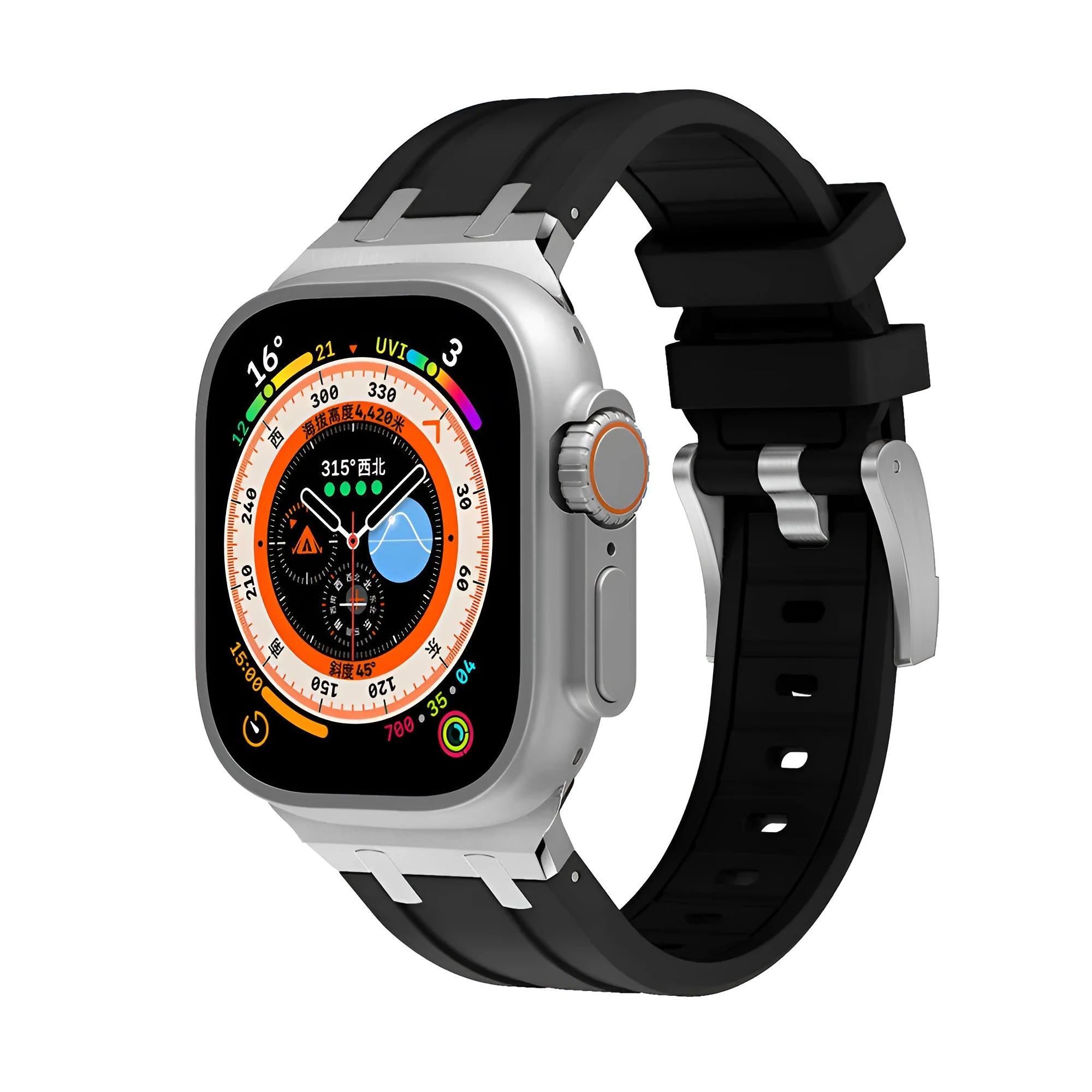 Liquid silicone Richard modified wrist strap for Apple Watch, silver blue butterfly clasp variant, on a table