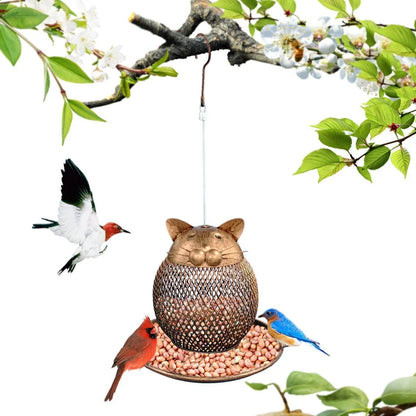 Vintage cat-shaped iron bird feeder with mesh design for garden decoration