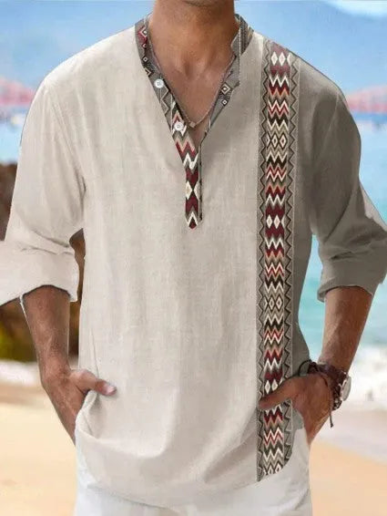 Long sleeve striped Hawaiian shirt in thin digital bamboo linen-look polyester, shown in lilac colour.