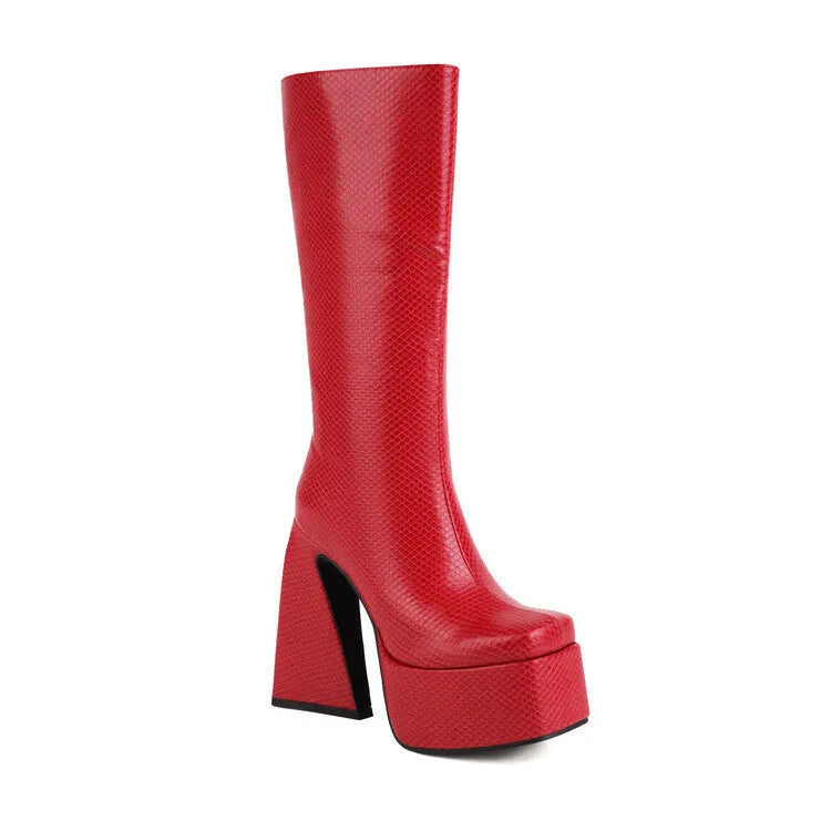 Women's black casual high boots with a PU upper, shown alongside red, blue, and white colour options.
