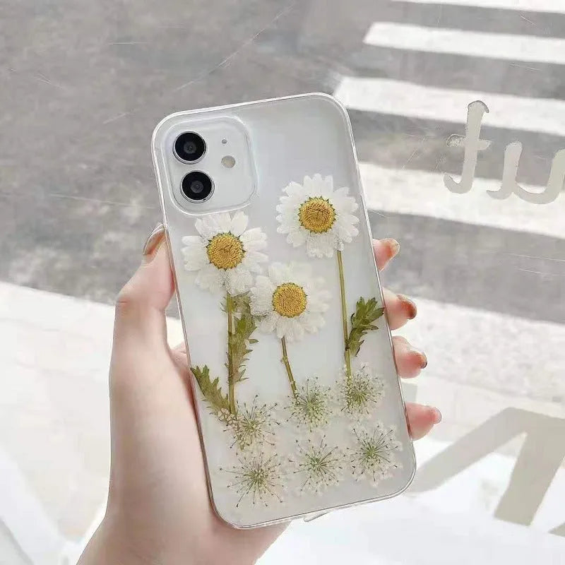 White epoxy daisy floral design TPU protective case for various iPhone models