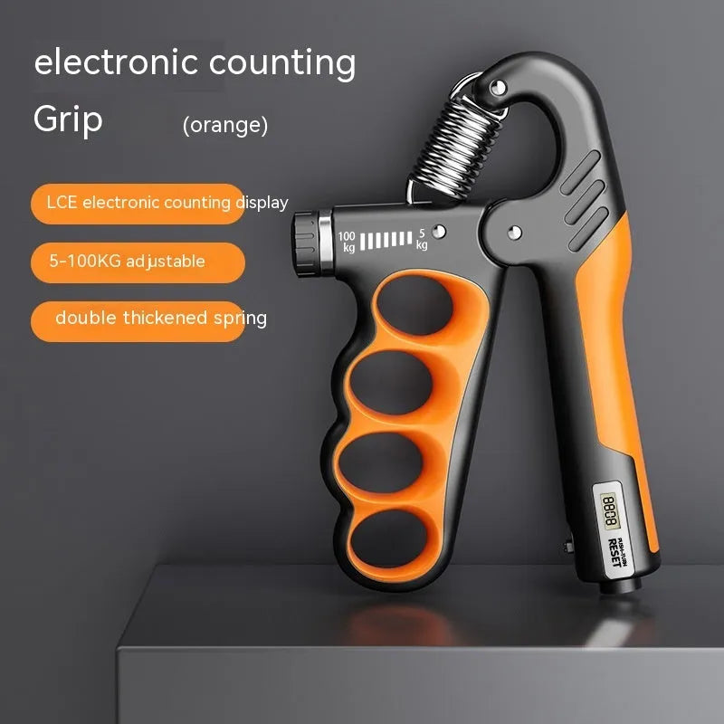 Adjustable electronic count spring grip with digital display in orange, red or grey colour options