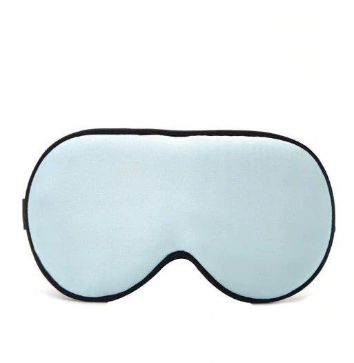 Silk eye mask with ice cube gel insert showing navy blue colour and adjustable strap