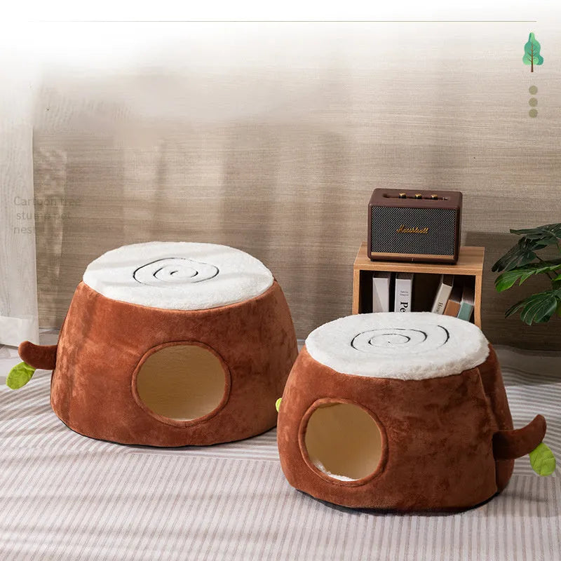 Four Season Universal Relief Pet Cat Nest in tree stump design, transformable double-layer, size options S M L
