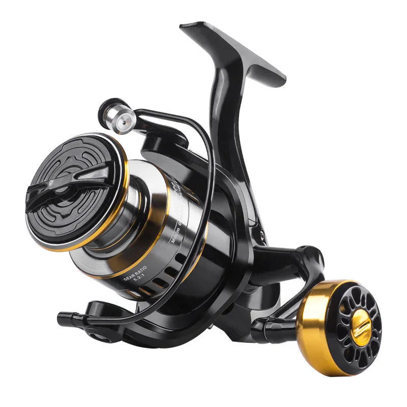 HE series all-metal spinning fishing reel with metal lotus grip pill on a dark background