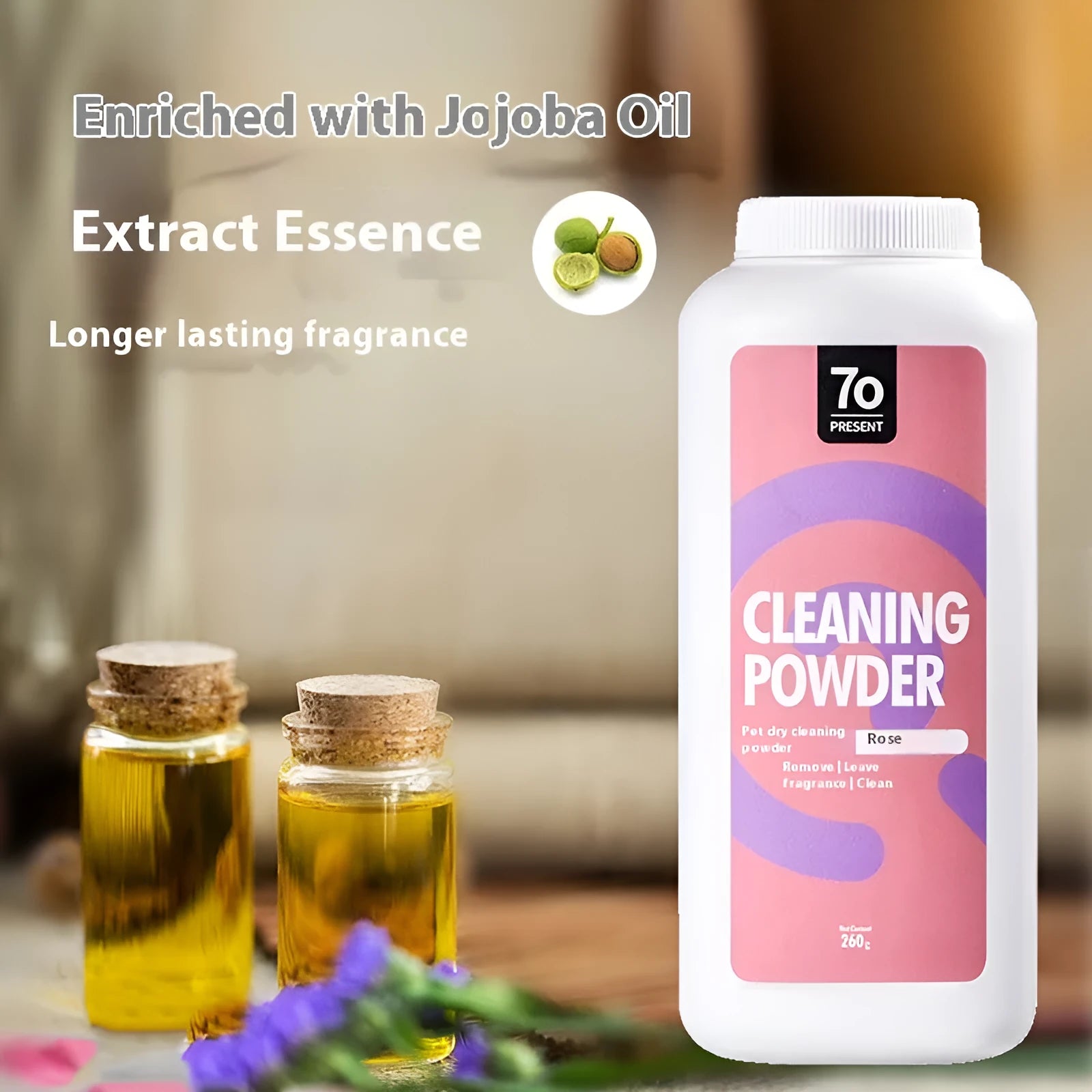 Dog dry cleaning powder container with deodorant formula in rose, orange or menthol flavours
