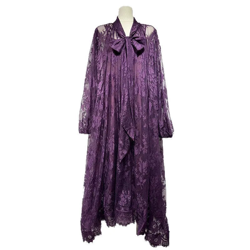 Hollow jacquard sling lace see-through loose A-line dress with ribbon in brown polyester