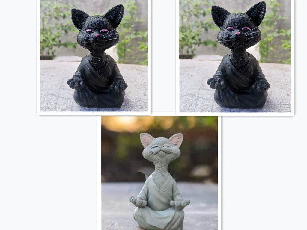 Charming ceramic Buddha cat figurine in black, grey, and orange colors for meditation, yoga, and home decor