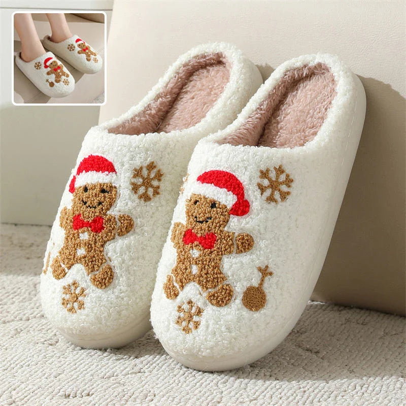 Cozy gingerbread snowflake pattern slippers with plush upper and non-slip sole for comfortable indoor wear