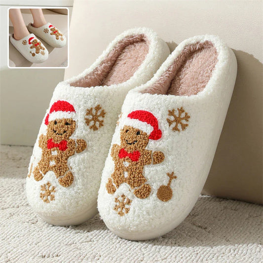 Cozy gingerbread snowflake pattern slippers with plush upper and non-slip sole for comfortable indoor wear
