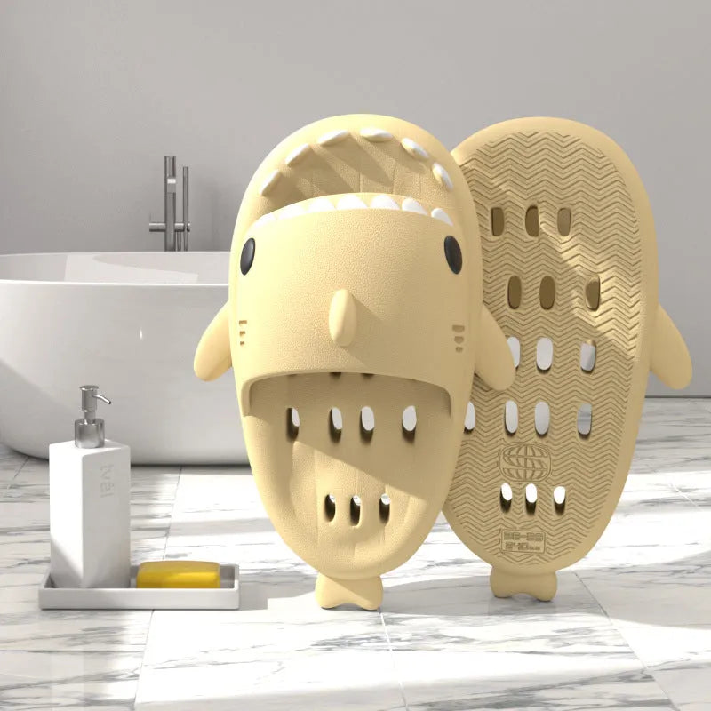 Shark slippers with drain holes, EVA quick-drying pool slides, non-slip sole, open-toe design, unisex shower shoes