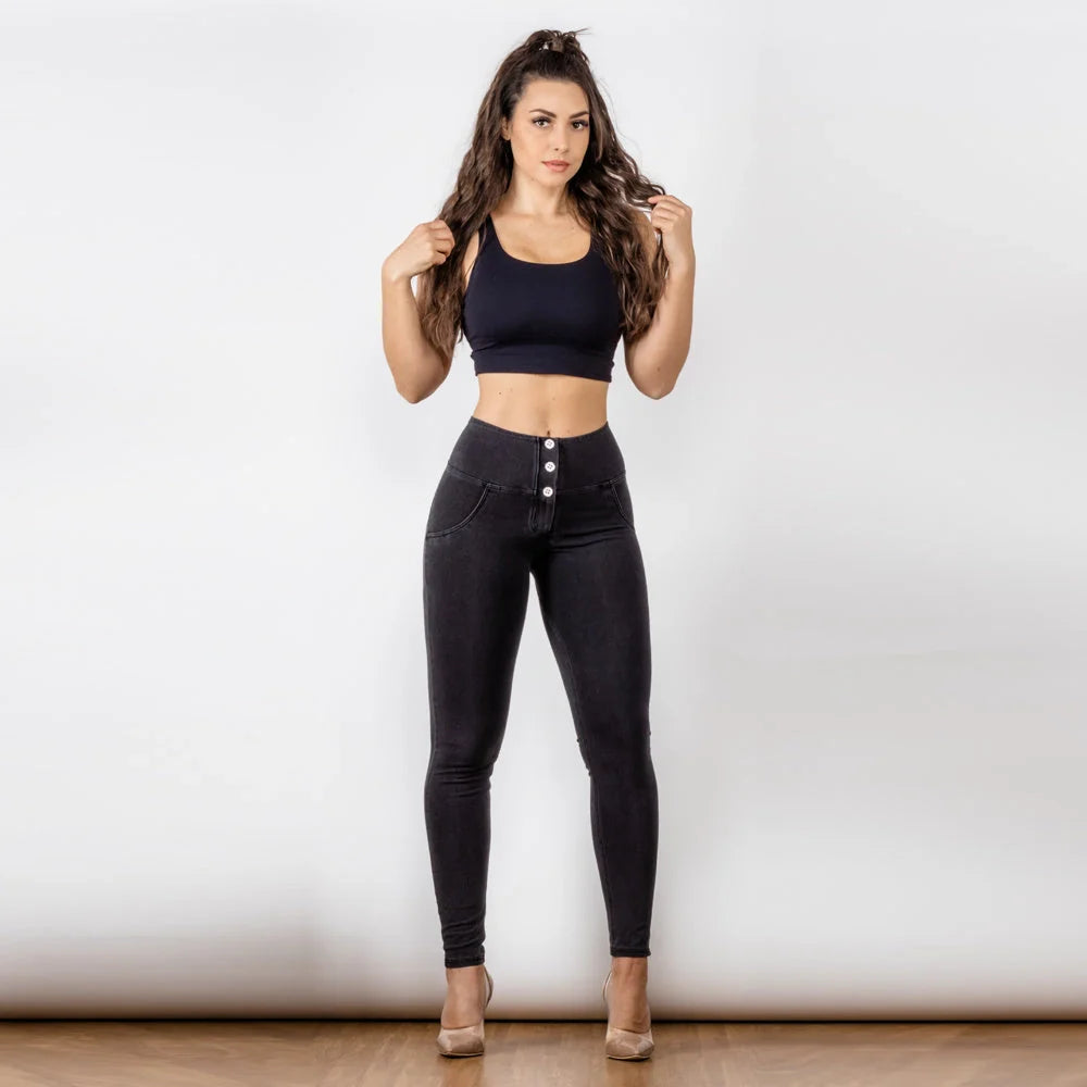 Black women's high waist jeans with button-up hip raise in British style