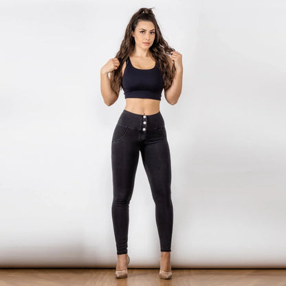 Black women's high waist jeans with button-up hip raise in British style
