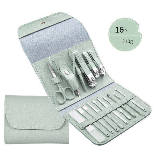 Professional Nail Care Set with stainless steel tools in a leather case