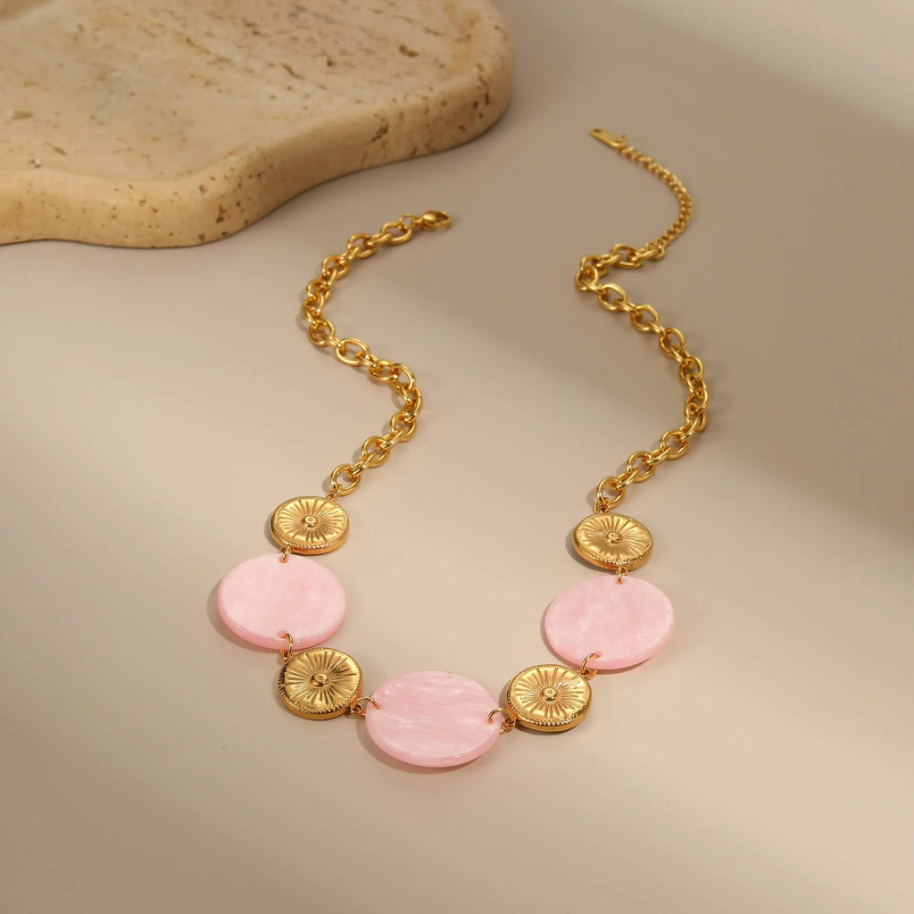 Round acrylic disc pendant necklace on stainless steel chain, pink colour, adjustable 41-50cm, women's fashion OL style
