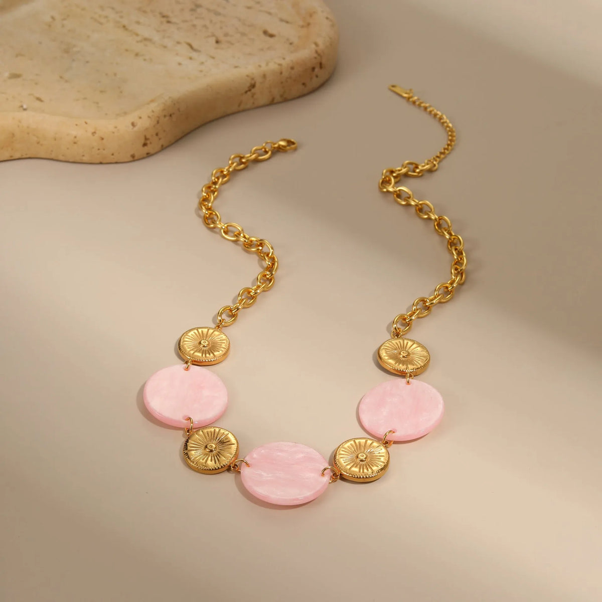 Round acrylic disc pendant necklace on stainless steel chain, pink colour, adjustable 41-50cm, women's fashion OL style
