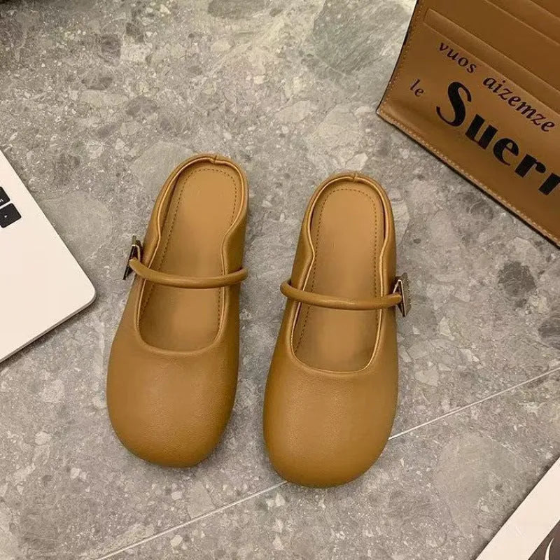 Casual slip-on shoes with square metal buckle toe cap, PVC sole, apricot colour, side view