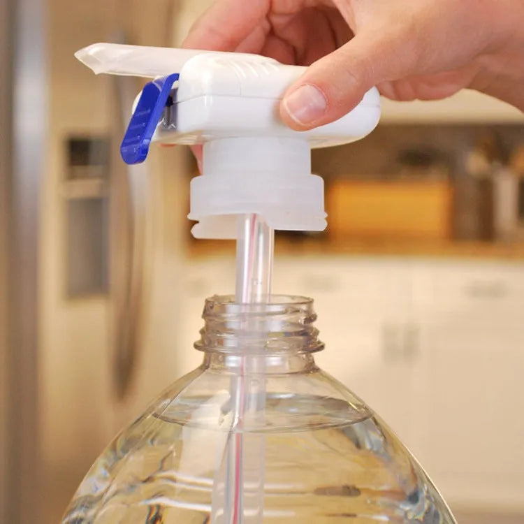 Electric beverage pumping device with a long straw and a blue pressure handle on a colour box.