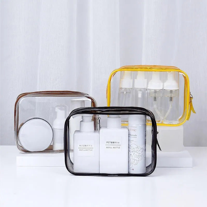 Set of three semi-transparent PVC makeup bags in black, pink, and white colours for Labubu and cosmetic storage