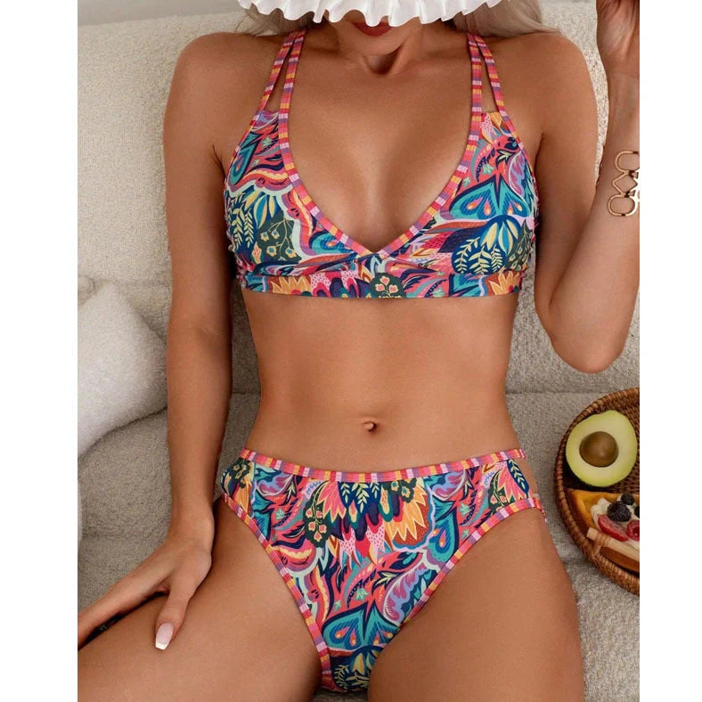 Women's printed halter neck beach swimsuit with mixed colour pattern and adjustable tie-back closure