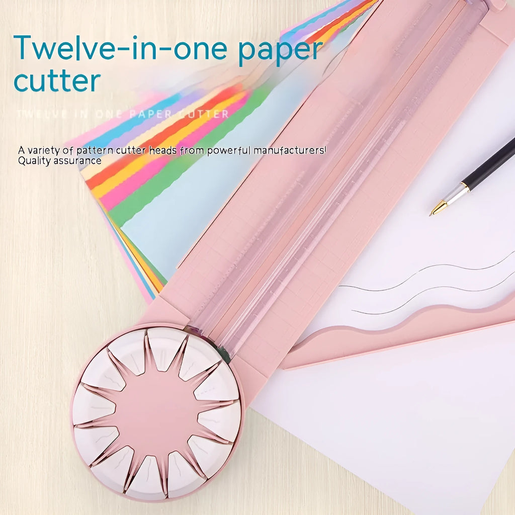 Pink and black 12-in-1 plastic dotted paper cutter on a white background.
