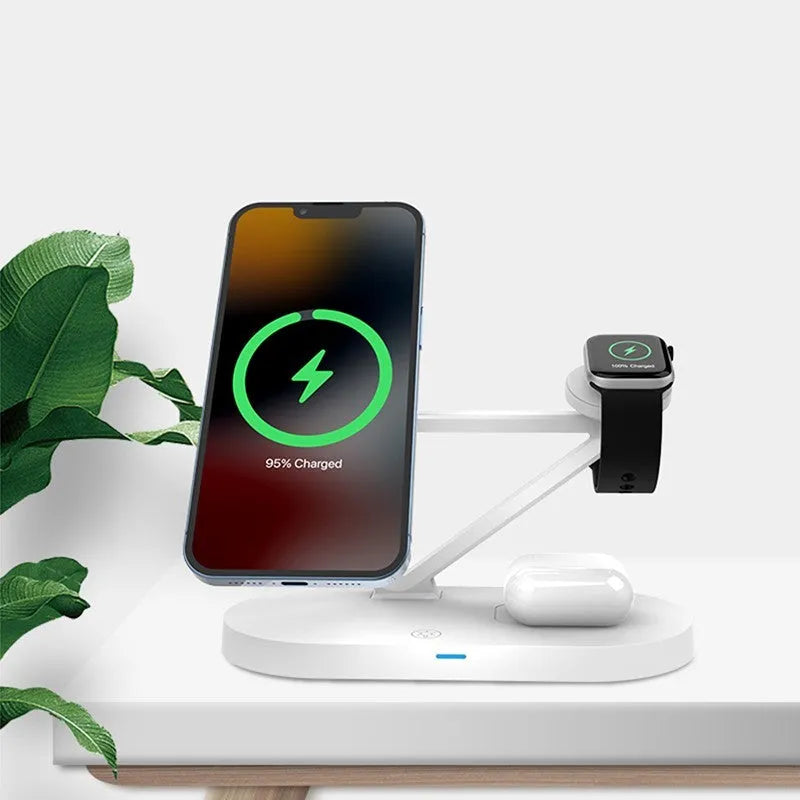 Black 3-in-1 wireless charging station for phone, Apple Watch and Airpods on a desk